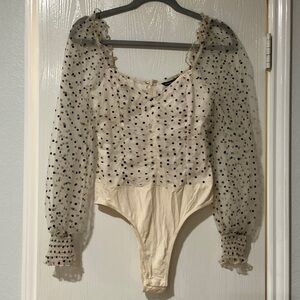 SHEIN Cream Polka Dot Sheer Sleeve Bodysuit